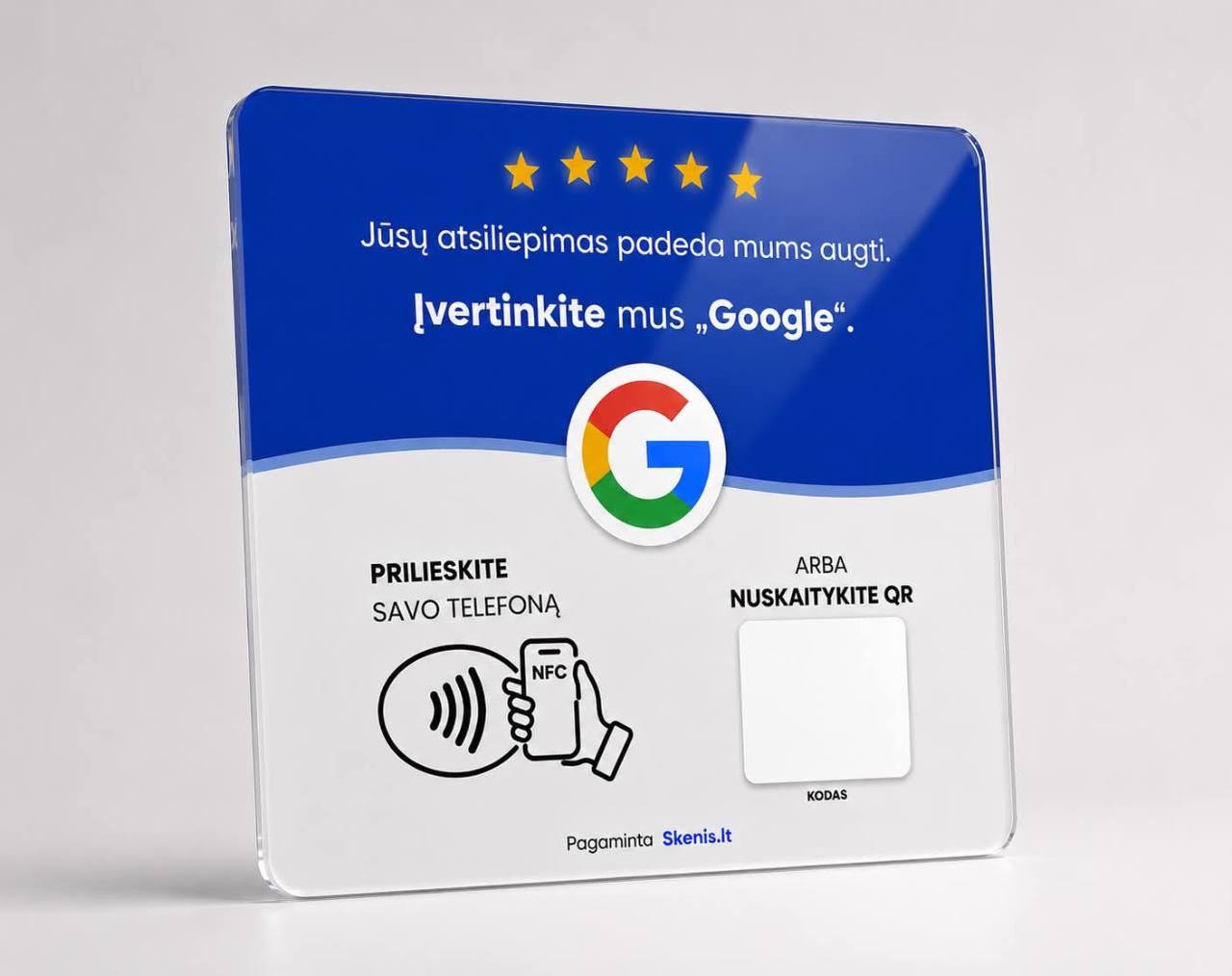 Tikra Skenis NFC ir QR atsiliepimų kortelė kampu